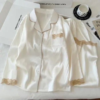 الكورية نمط عادية طباعة المرأة منامة متعة طباعة الدانتيل الصلبة تصميم 2 قطعة مجموعة منامة الخريف الشتاء جديد 2025 المتسكعون الموضة 3