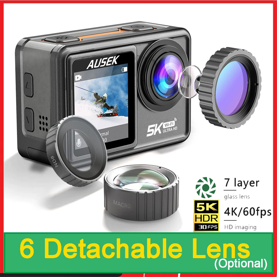 

Action Camera Removable Filter 6 Lens 5K 30FPS 4K 60FPS 48MP Dual Screen 2" IPS EIS Video Shooting Go Waterproof Sports Cam Pro