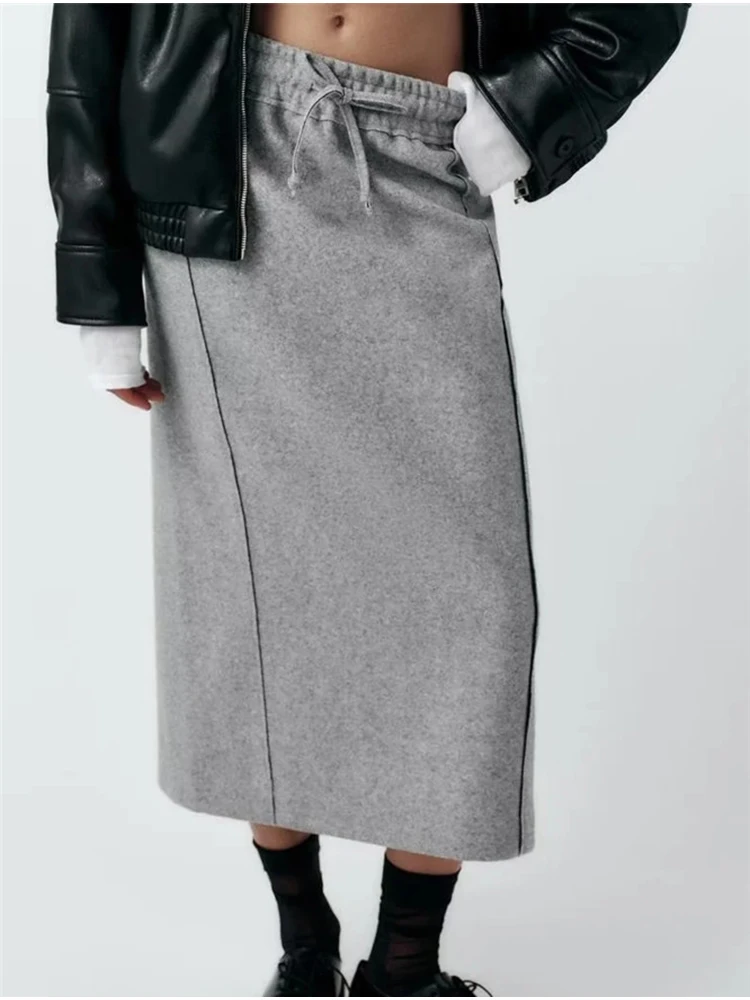 

Women's 2024 New Fashion Drawstring Waist Straight Skirt Femme Ladies Casual Elastic High Waist Gray Spring Long Skirts