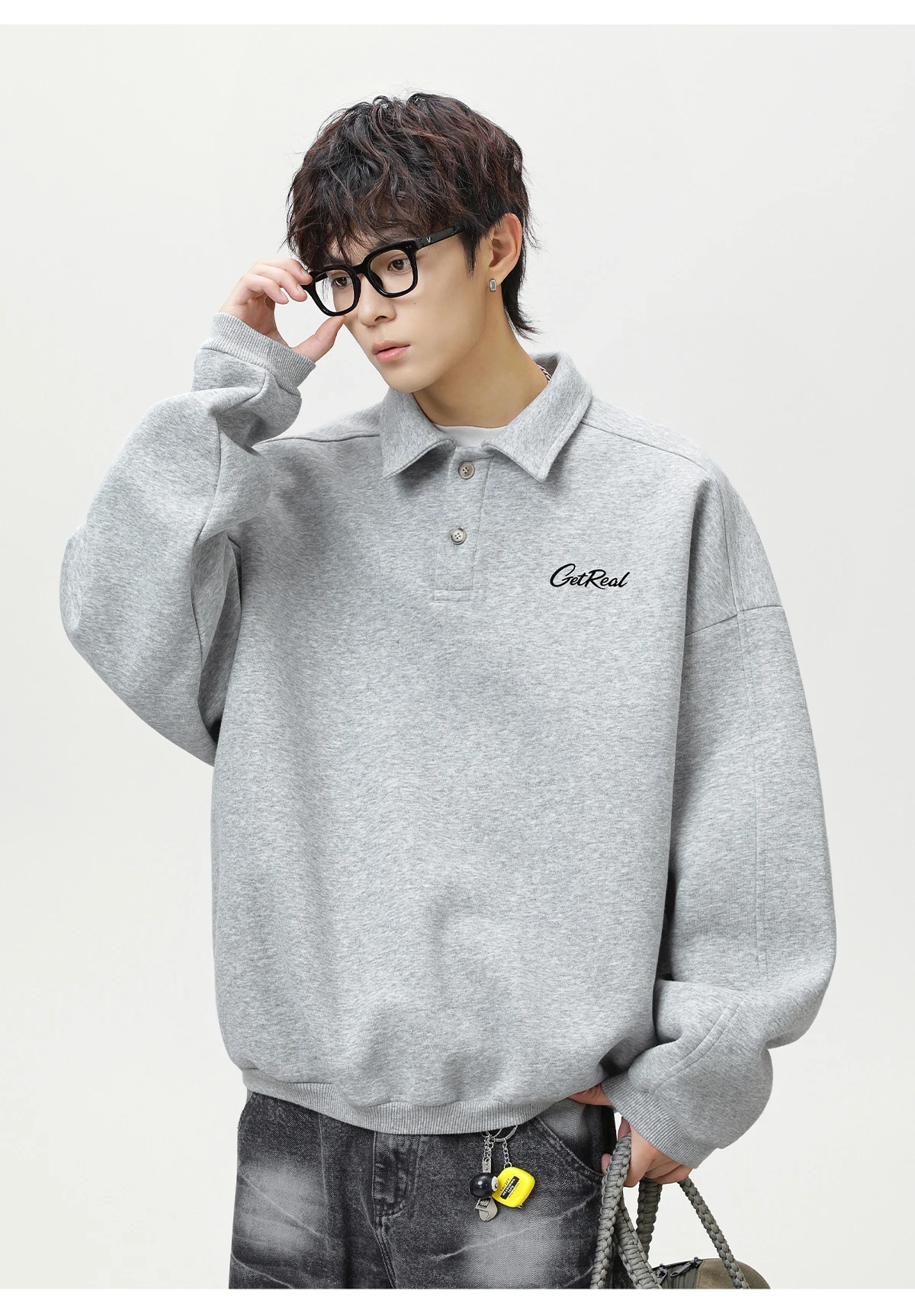 HANGLU 2025 Men's Oversized Collar Sweatshirt Vintage Button Placket Long Sleeve Polo Pullover Loose Fit Streetwear Top