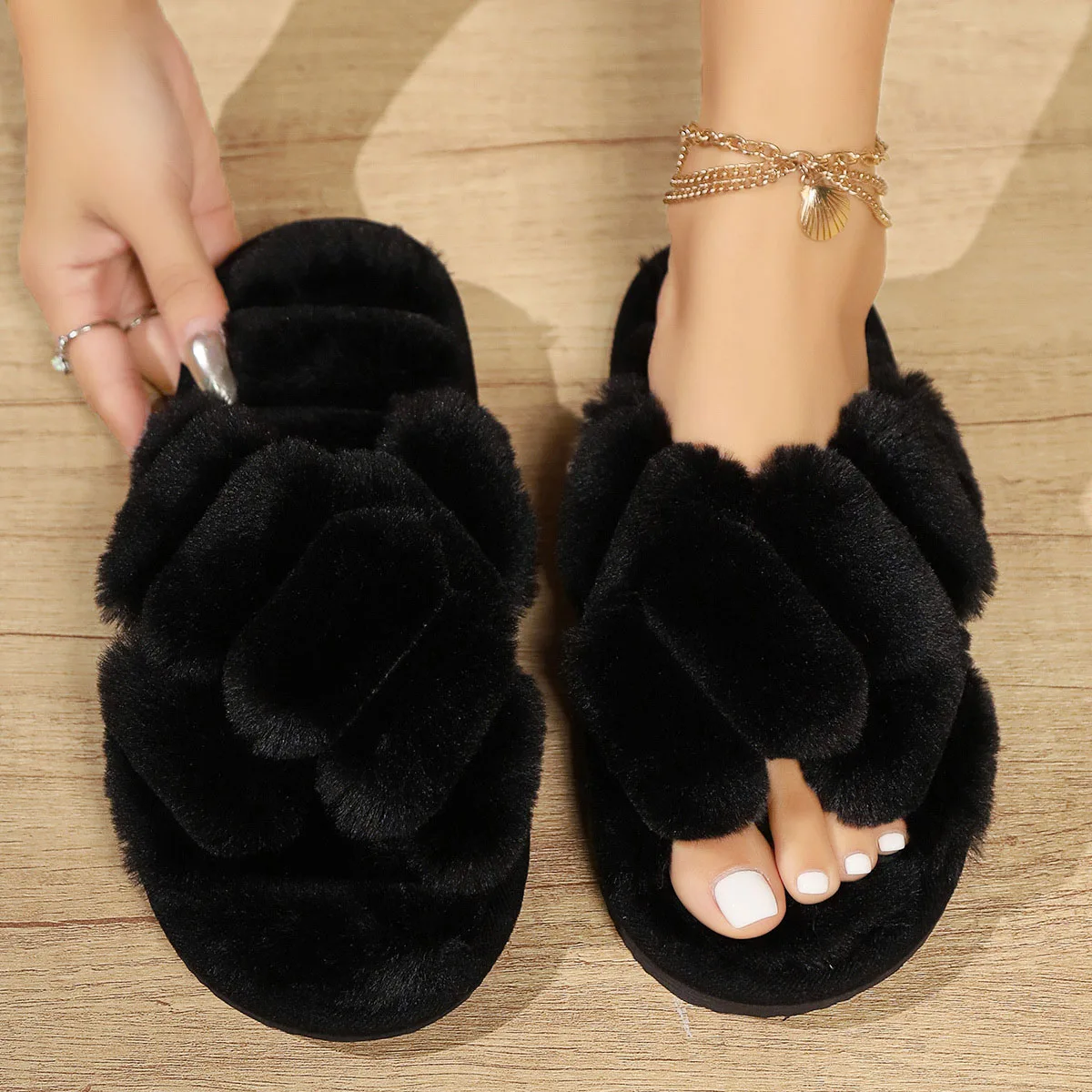 Women’s Cross Band Slippers Cozy Furry Fuzzy House Slipper Indoor Non Slip Open Toe Slip On Warm Plush Shoes Soft Lightweight 5