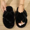 Women’s Cross Band Slippers Cozy Furry Fuzzy House Slipper Indoor Non Slip Open Toe Slip On Warm Plush Shoes Soft Lightweight 5