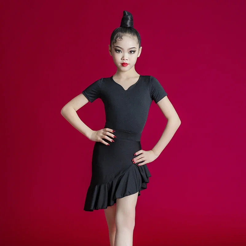Set Girls Latin Dance Black Dress Ballroom Costume Latin Dress Costume Kids Gymnastics Pratice Dance QMilch Professional