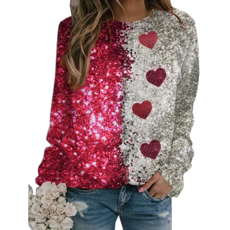 

Heart Print T-shirts Women 2023 New S-5XL Casual Loose Pullovers Round Neck Long Sleeve Sweatshirts Female Blusas Blue Red Green