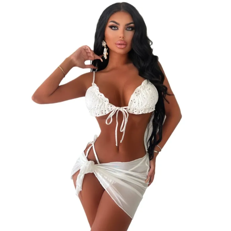 

3 Piece Swimsuit String Bikini Set Solid Bikini Sexy Push Up Swimwear 2023 Women Bathing Suit Thong Biquini Beach Dress