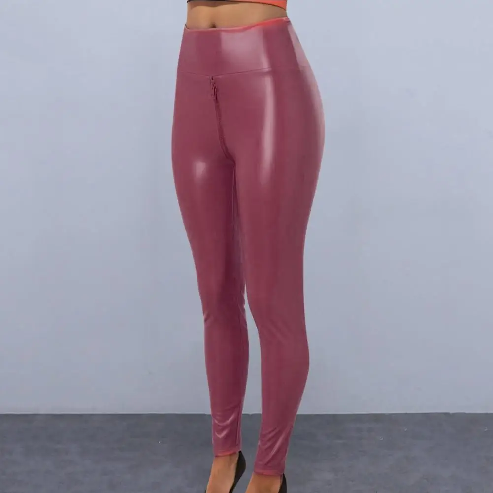 Lady Faux Leather Pants Exotic Bodycon Faux Leather Pants with Open Crotch Zipper for Sexy Women Tummy Control for Nightclub