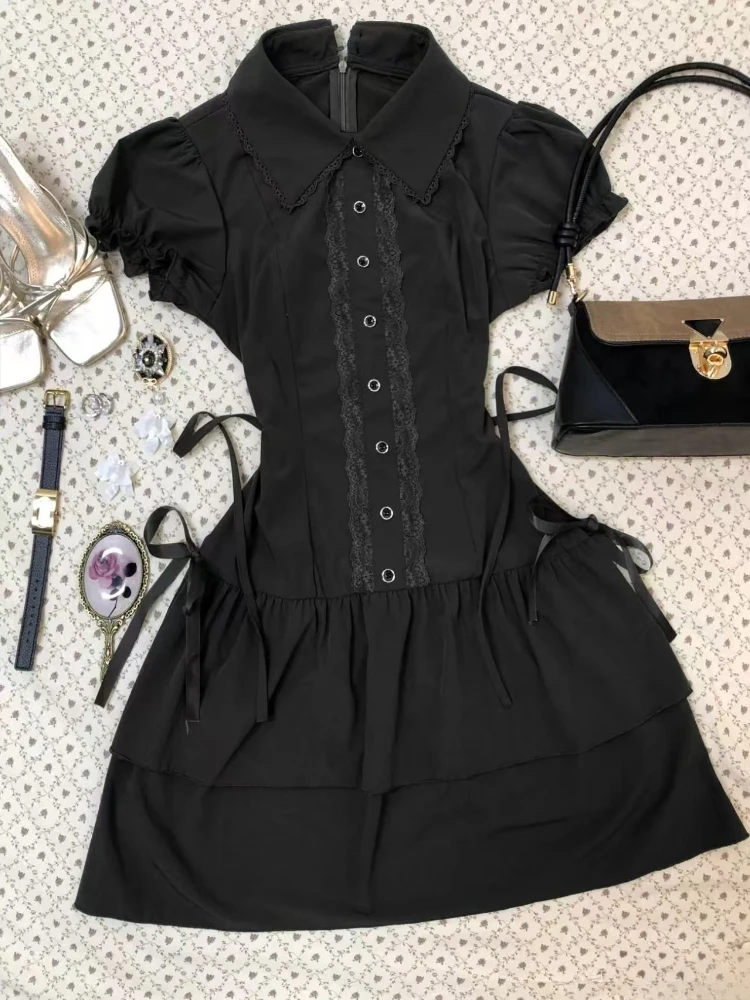 Vintage Black High Street Patchwork Gothic Dress with Bow and Lapel Details