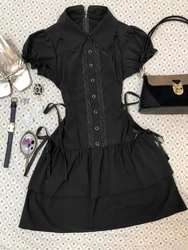 Vintage Black High Street Patchwork Gothic Dress with Bow and Lapel Details - M (Black)