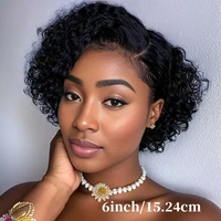 Cheveux birmans 6 pouces court crépus bouclés coupe lutin 100% perruques de cheveux humains 13x4x1 perruque de dentelle transparente couleur naturelle pour les femmes noires 4
