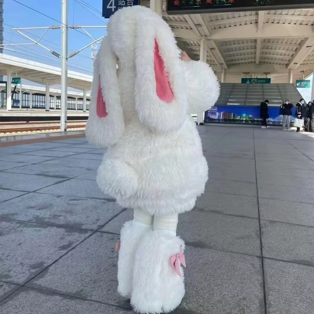 Costume de Cosplay lapin en peluche pour enfants, ensembles chauds d'hiver pour enfants, haut, pantalon, chapeau, Costume pour filles, tenues de fête d'halloween, cadeau 1