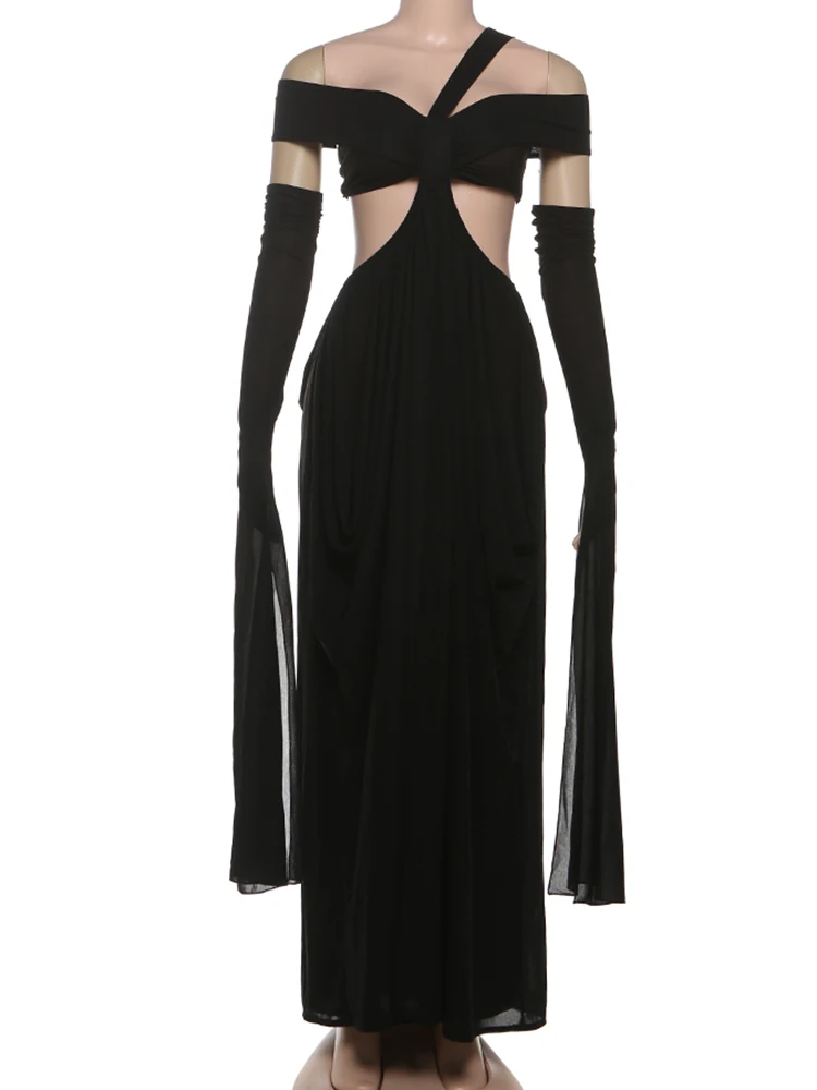 Nibber Elegant Chic Irregular Sexy Hollow Dress+Mesh Batwing Sleeve Cover Woman Off Shoulder Backless Midnight Party Bodycon