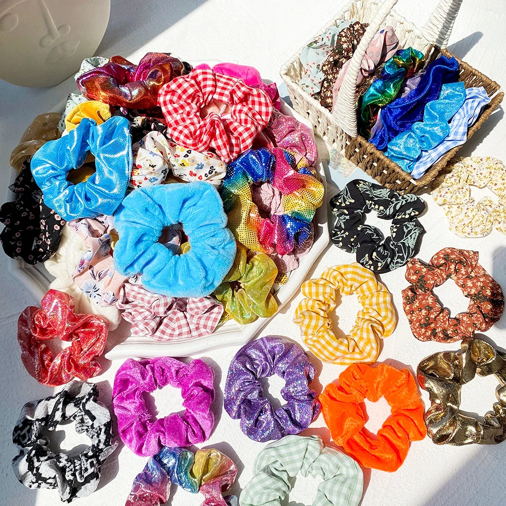 5/10/20pcs Random Color Printed Hair Scrunchie For Girls Floral Elastic