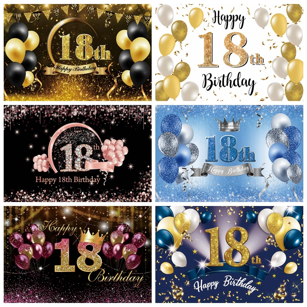 Happy 18th Birthday Party Backdrop Gold Glitter Balloon Boys Girls 18 Years Old Birthday Photo Background for Photography Props