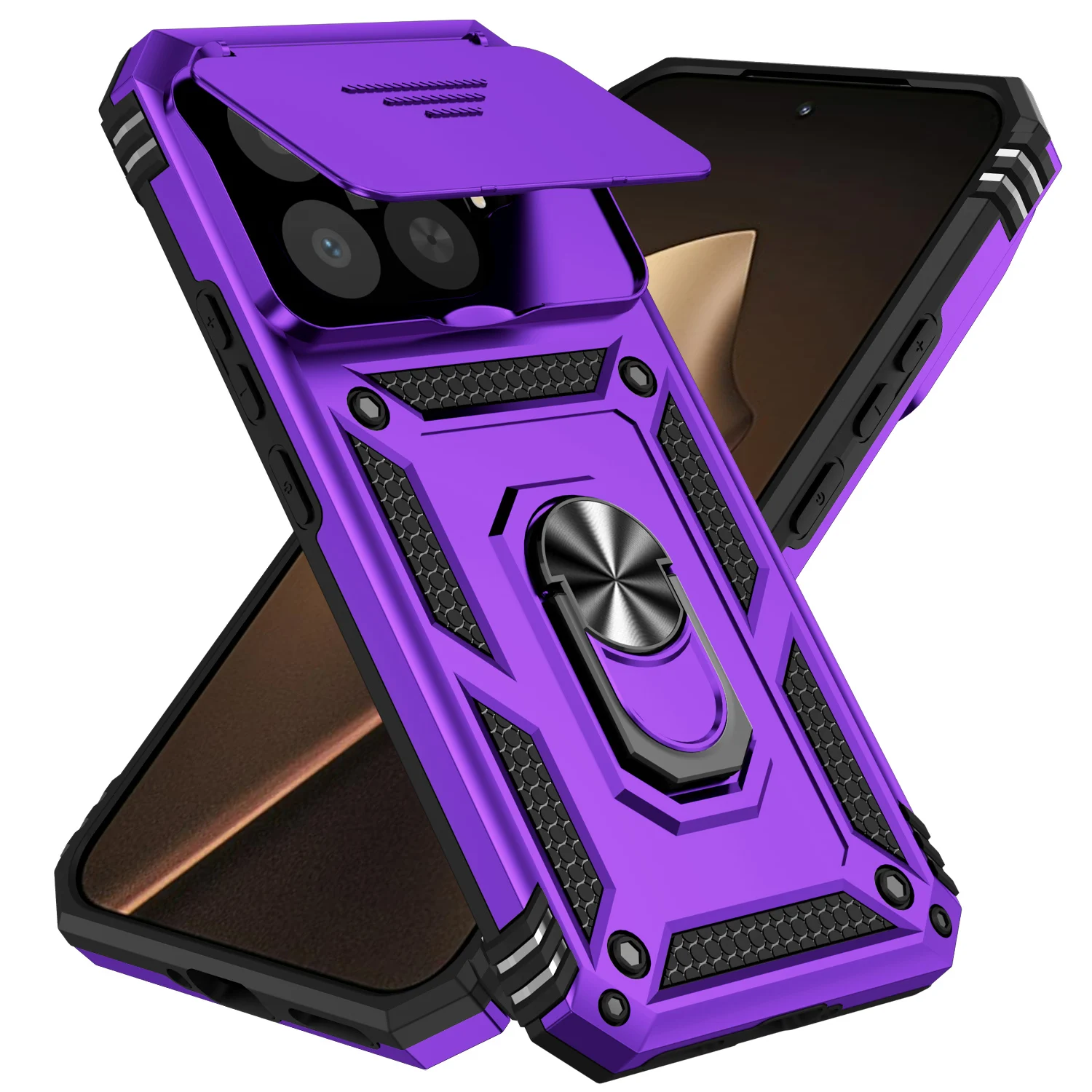 Enhanced Magnetic Ring Stand Armor Case with Slide Camera Lens Cover - Military Grade Protection