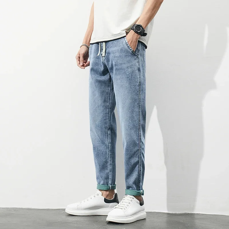 Spring/Summer 2024 Quality Men's Fashion Trend Korean Edition Slim Fit Small Feet Pants High Street Nine Point Jeans