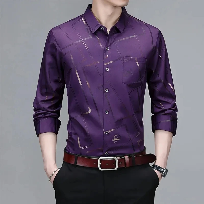 Men Autumn Long-sleeved Striped Twill Shirt Youth Business Suit Sweater