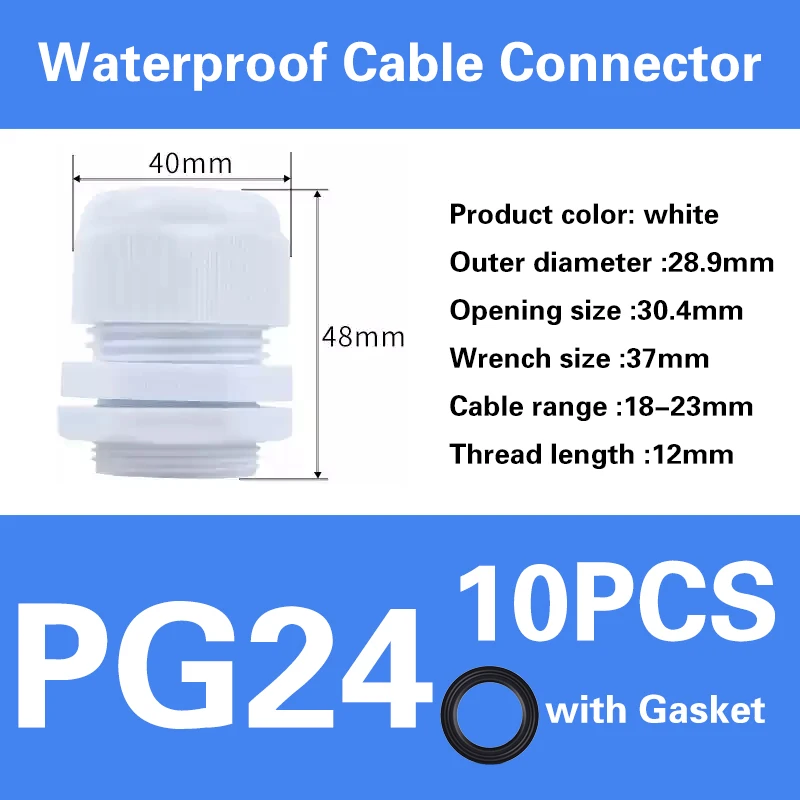 Waterproof IP68 Nylon Cable Gland Connector - White/Black