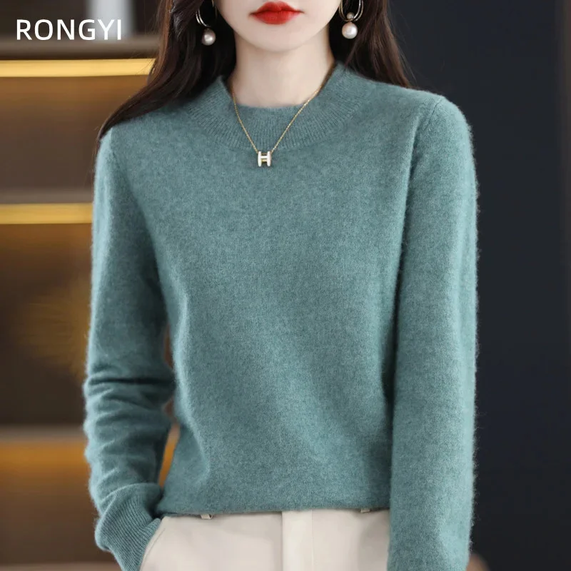 

RONGYI 100% Pure Wool Half-neck Pullover Autumn /Winter Cashmere Sweater Woman Casual Knitted Tops Female Jacket Korean Fashion