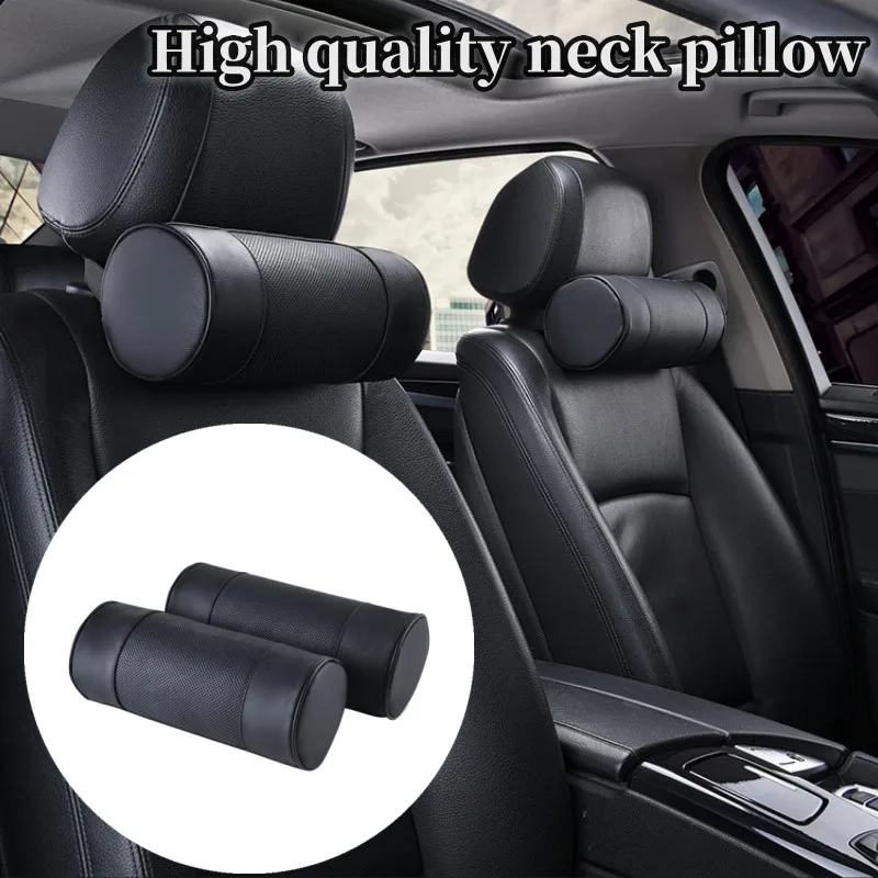 

Memory Foam Car Neck Pillow/Genuine Leather Auto Cervical Round Roll Office Chair Bolster Headrest Supports Cushion Pad Black