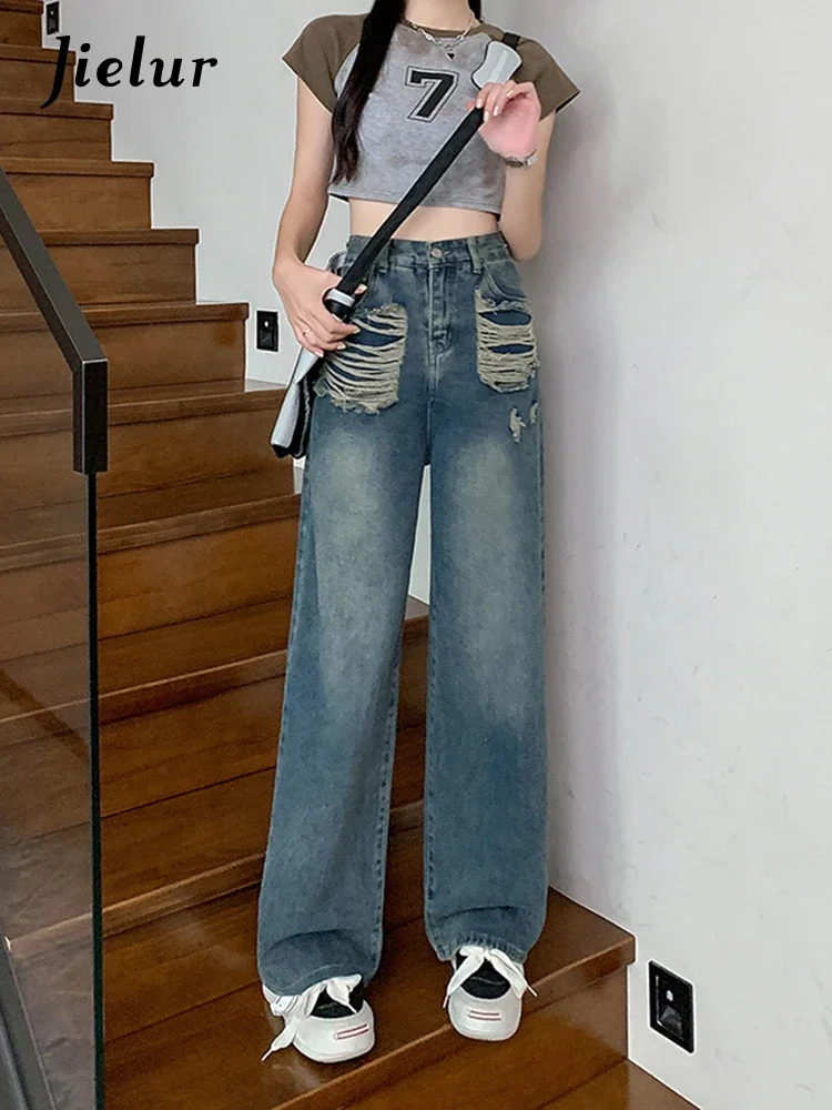 

Jielur Retro High Waist Wide Leg Jeans Women Straight Loose Denim Pants Summer Fashion Blue Ripped Jeans Y2k Baggy Jeans Female