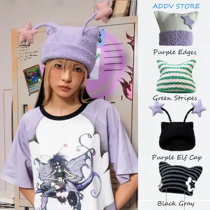 

Y2k Striped Knitted Beanie Millennial Hot Chick Style Cute Pentagram Cat Ears Woolen Hat Plush Star Hairball Elf Tentacle Cap