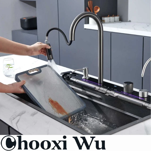 CHOO XIWU-อ่างล้างจานสแตนเลสพร้อมก็อกน้ำจอแสดงผลดิจิตอลอ่างล้างจานอ่างล้างจานอ่างล้างจานอ่างล้างจานอ่างล้างจานอ่างล้างจานแบบเดี่ยวขนาดใหญ่อ่างล้างจานแบบน้ำตกระบบ5ฟังก์ชั่น 3