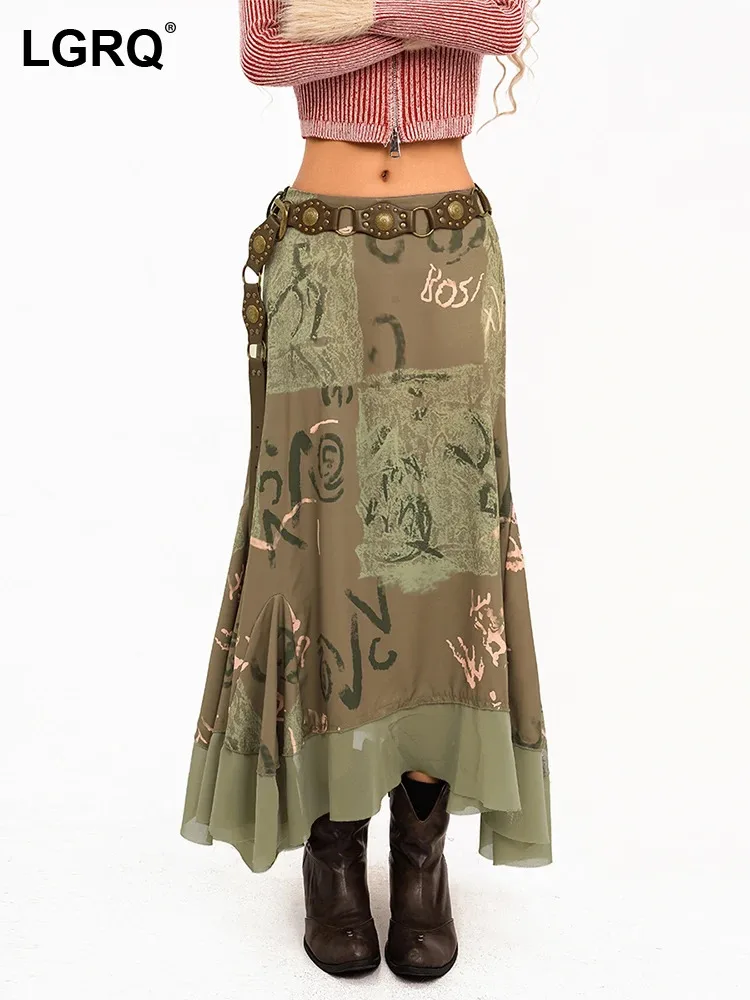 

LGRQ 2024 Spring New fashion Spicy Girl Mesh Half Skirt Women's Antique Style Printed Contrast Colored Crow Tail Skirt 19Z2721