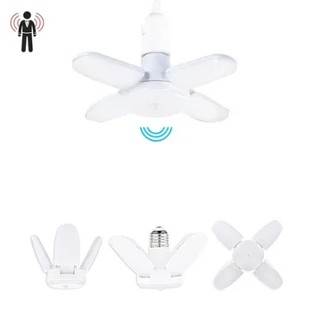 LED 모션 센서 E27 차고 조명 팬 전구 4 잎 4 + 1 잎 램프, 28W 변형 접이식 LED 램프 나사 홈 천장 조명