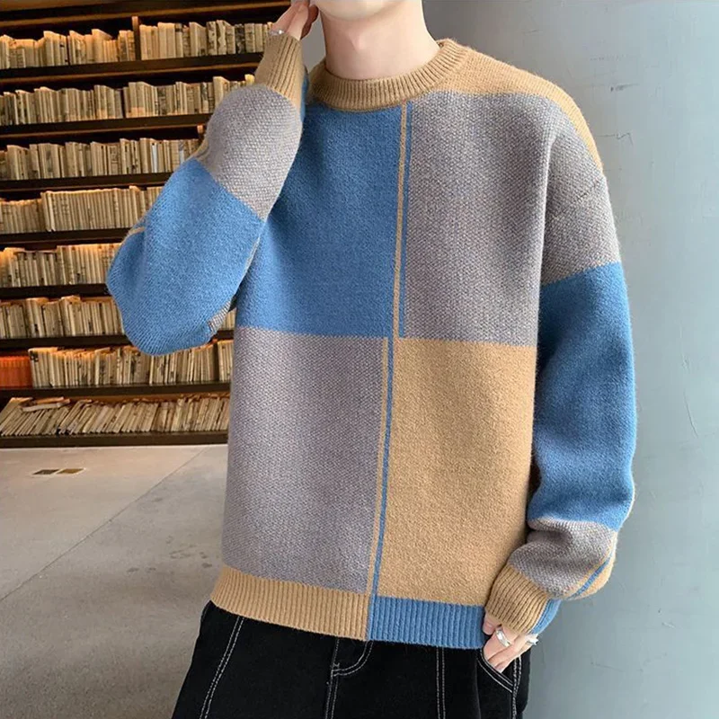 Autumn Winter Round Neck Patchwork Loose Casual Jumpers Men Knitting Pullovers Homme All-match Fashion Bottoming Sweater Top