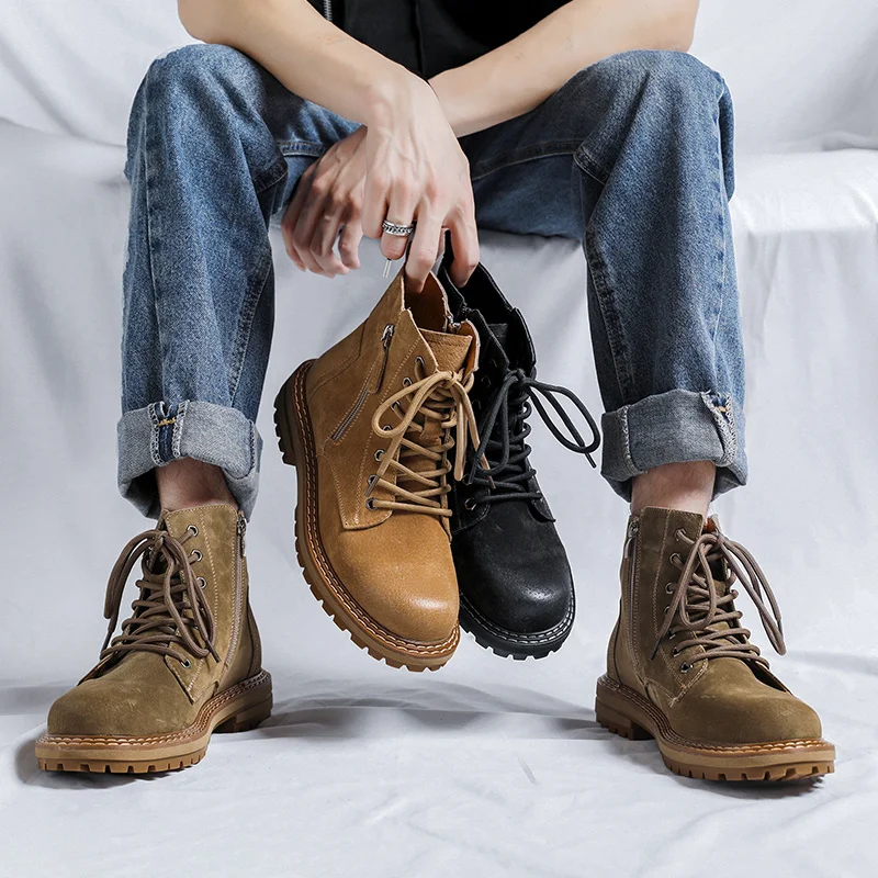 

2023 Shoes for Men Casual Round Toe Work Boots Men‘s Boots High Top Boots Leather Sid Cor Male Ankle Boots