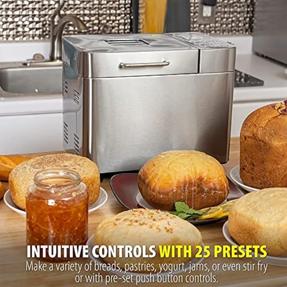 2 LB Stainless Steel Bread Maker with 25 Smart Cooking Programs and Included Accessories, Measuring 4