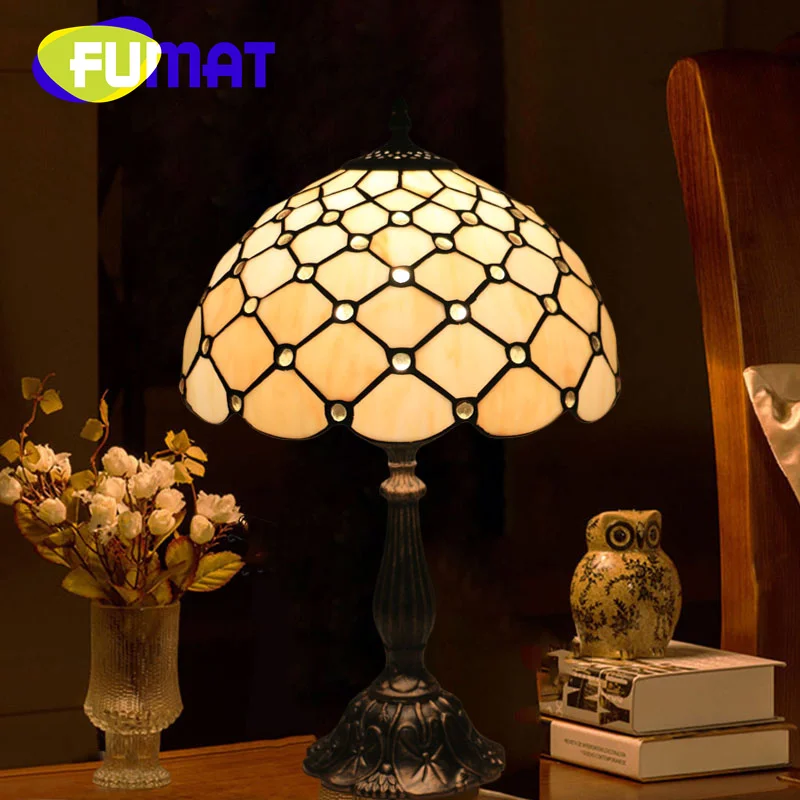 

FUMAT Tiffany style stained glass Crystal pearl 12inch desk lamp for living room study bedroom bedside table lamp LED decor