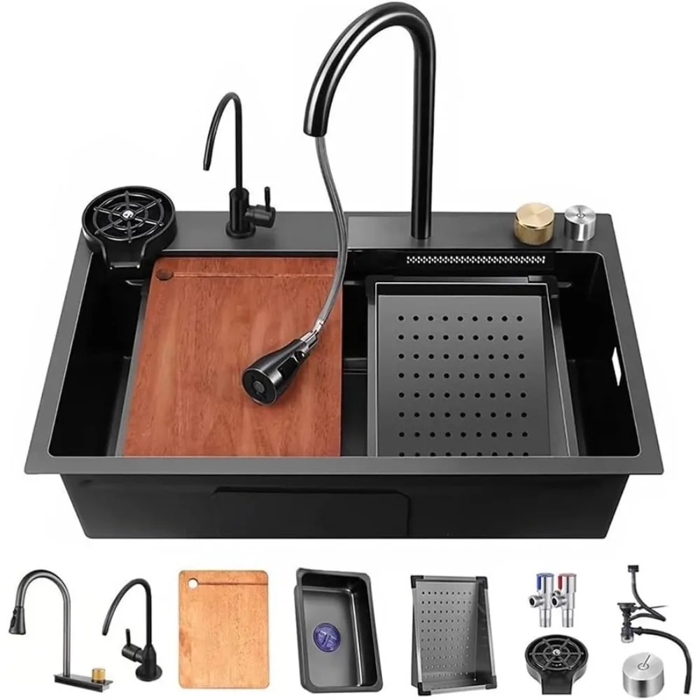 Black Waterfall Kitchen Sink Drop in Single Bowl Stainless Steel Bar Sink with Cup Washer Sinks, Topmount Workstation Kitchen 2