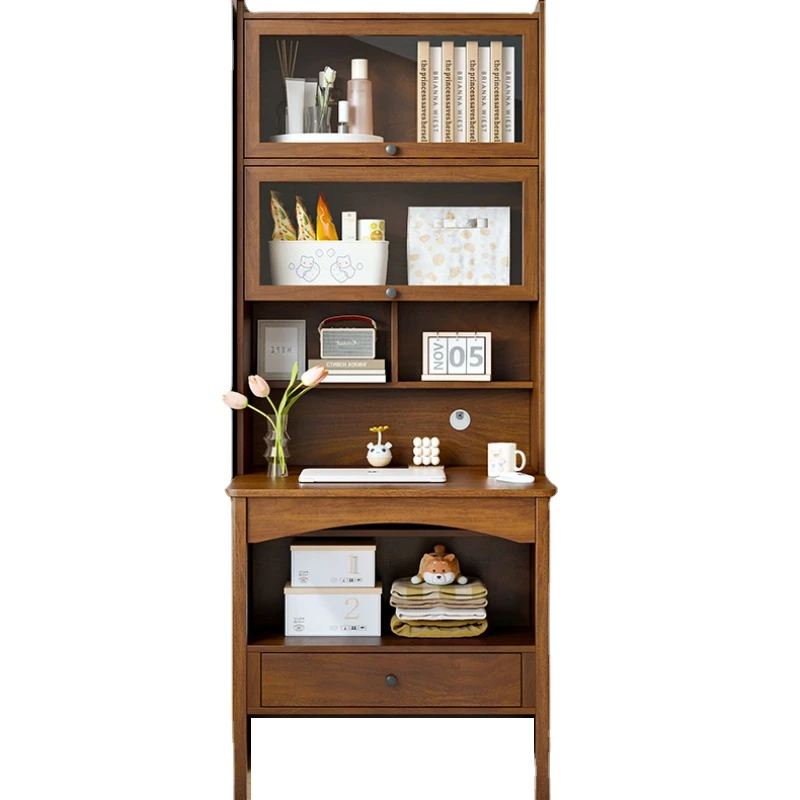 

Folding Bookshelf Integrated Table Student Household Bedroom Small Apartment Walnut Color Children Study Desk