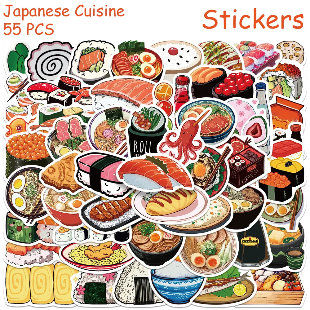 55pcs 일본 요리 스티커 데칼 노트북 스크랩북 스케이트 보드 헬멧 냉장고 DIY 낙서 미적 스티커