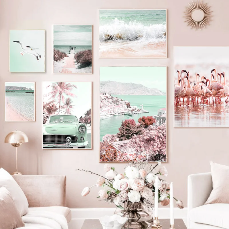 Nordic Home Art Canvas Picture Pink Beach Wave Landscape Painting Flamingo Flower Car Poster Centro Commerciale Decorazione Murale