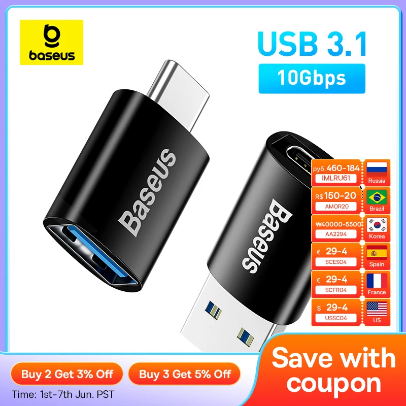 Baseus-Adaptador USB 3,1 OTG tipo C a USB hembra, convertidor para Macbook pro Air, Samsung S20 S10, conector USB OTG