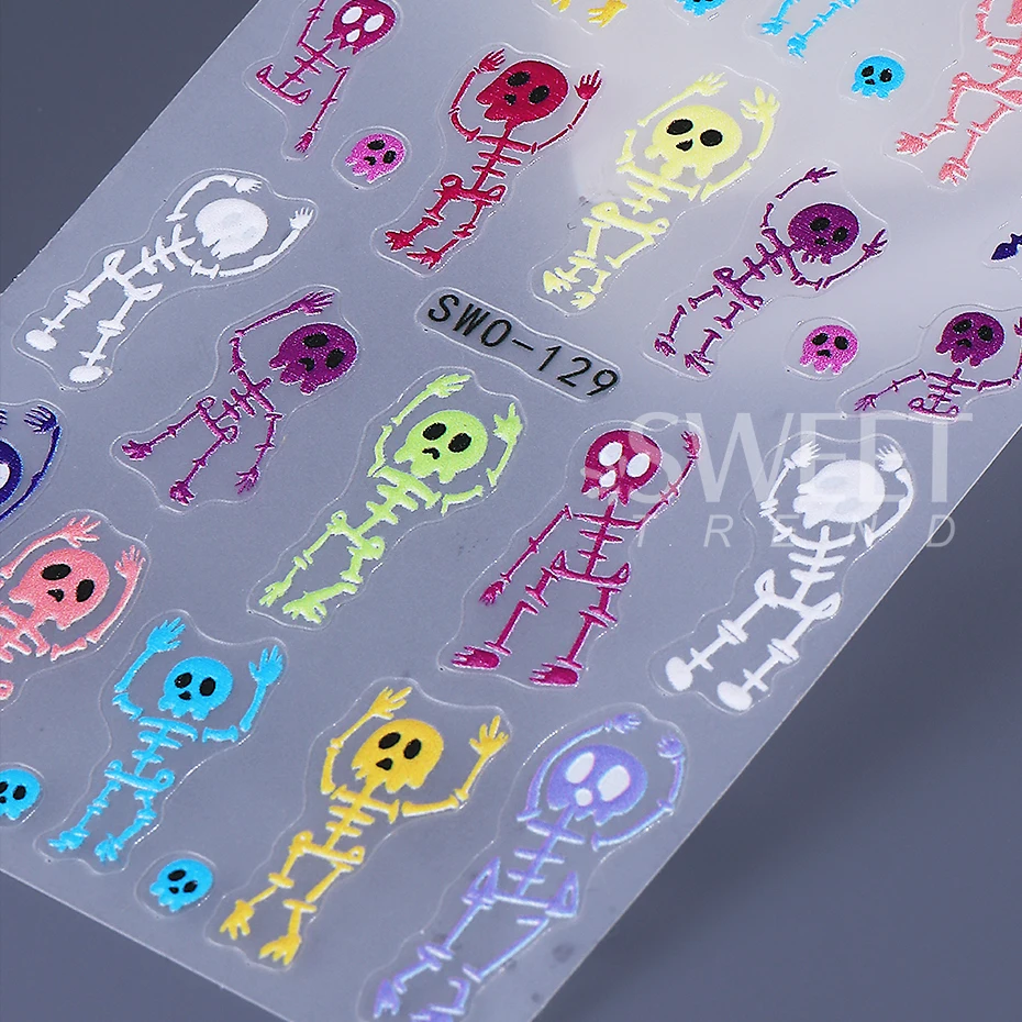 2pcs Skeleton Halloween Nail Stickers Cartoon Skull Heads Textured Design Slider Decals DIY Nail Decoration Manicure Accessories