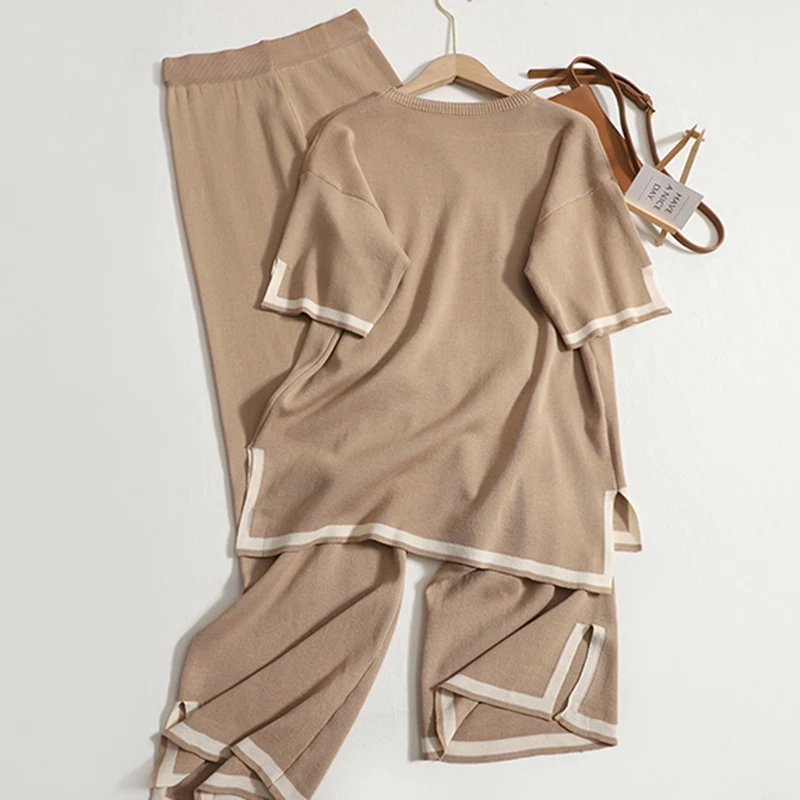 Elegant O-neck Side Slit Pullover Short Sleeve Wide Leg Pants 2-pieces New In Sets Women Solid Casual Sweatshirt Spring Summer 2