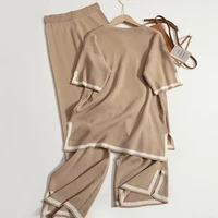 Elegant O-neck Side Slit Pullover Short Sleeve Wide Leg Pants 2-pieces New In Sets Women Solid Casual Sweatshirt Spring Summer 2