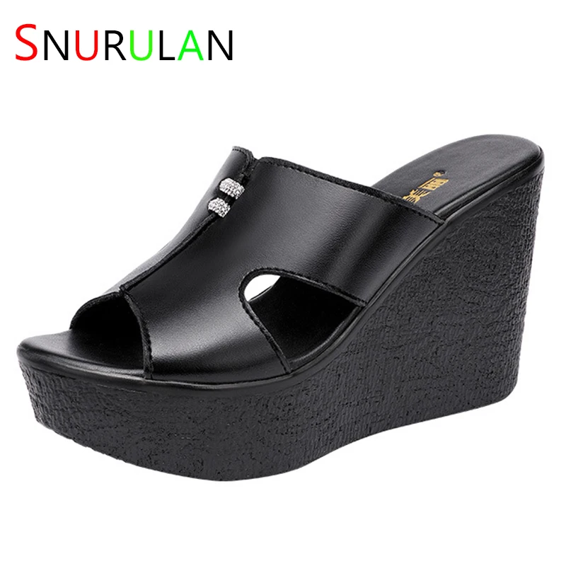 

High heeled wedge slippers Beach Shoes Leather Women Slippers Summer Fashion Casual Platform Wedges Slippers Mother SHoes