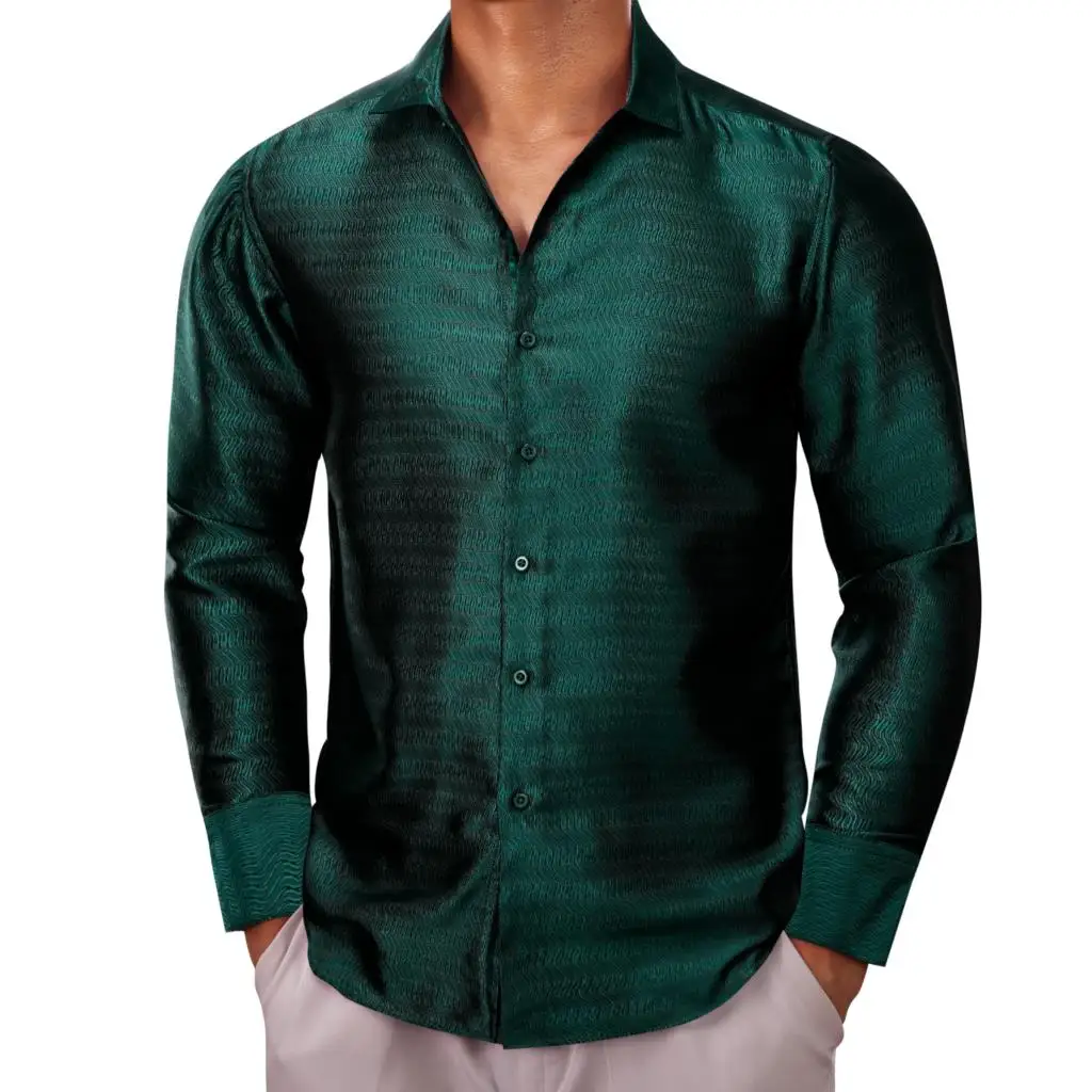 

Designer Shirts for Men Silk Green Solid Slim Long Sleeve Fit Male Blouses Casual Formal Tops Breathable Barry Wang