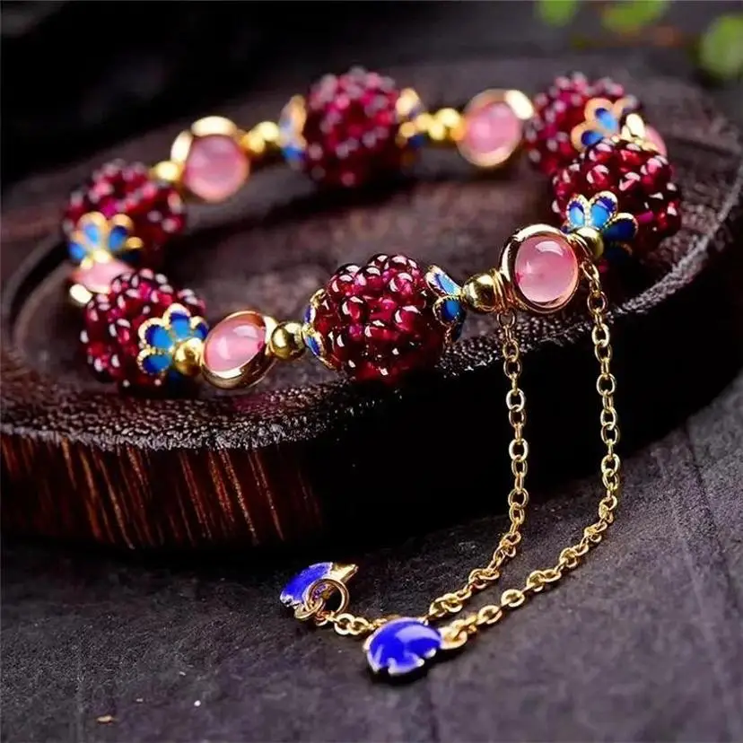 1Pcs Natural Garnet Bracelet With Multiple Circles Fashionable Pomegranate Jewelry Stone Grape Tourmaline Weaving Exquisite Ball