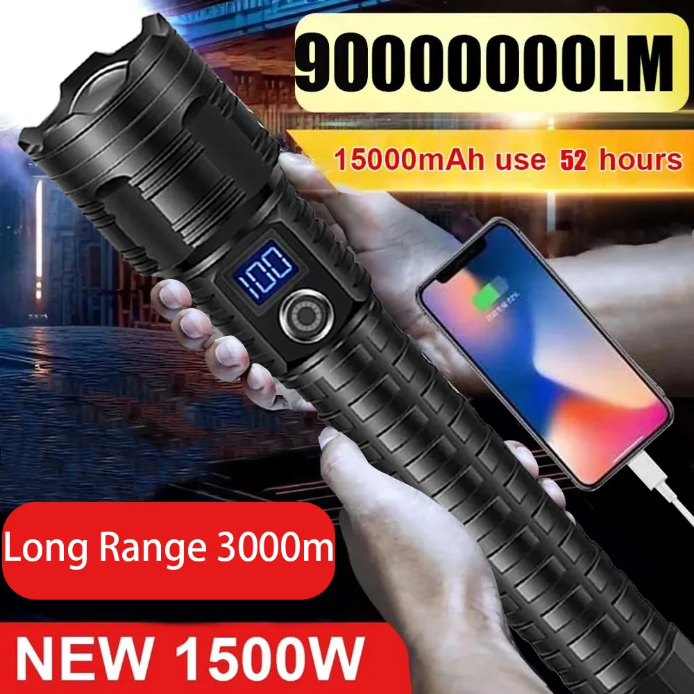 12000mAh White Laser Flashlights 9000000LM Ultra Powerful Flashlight Zoom USB Rechargeable Lantern Outdoor Camping Torch