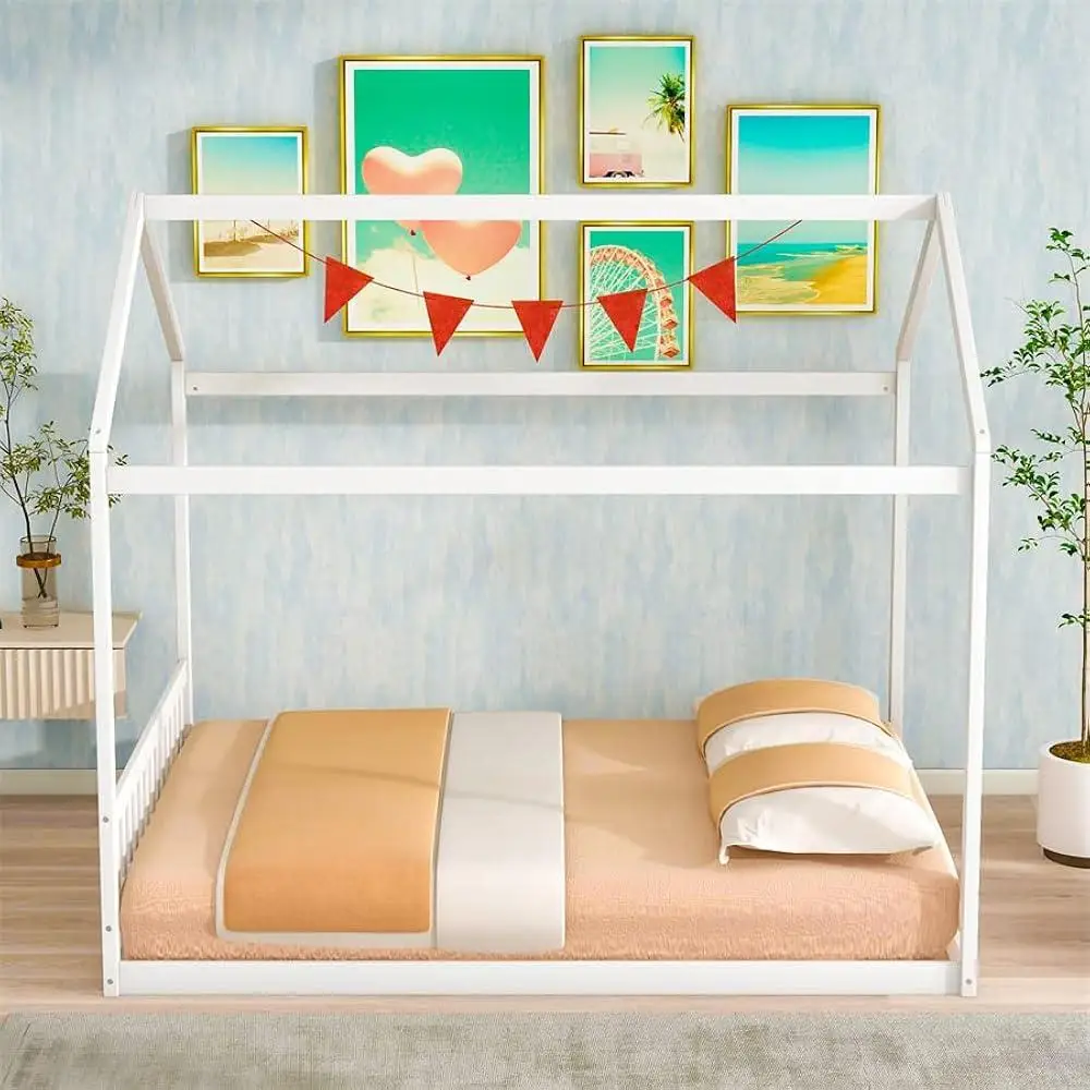 Queen Size Wooden House Bed Frame Kids Floor Bed with Headboard Roof Slats Support Children's Imaginative Play Durable Design 4
