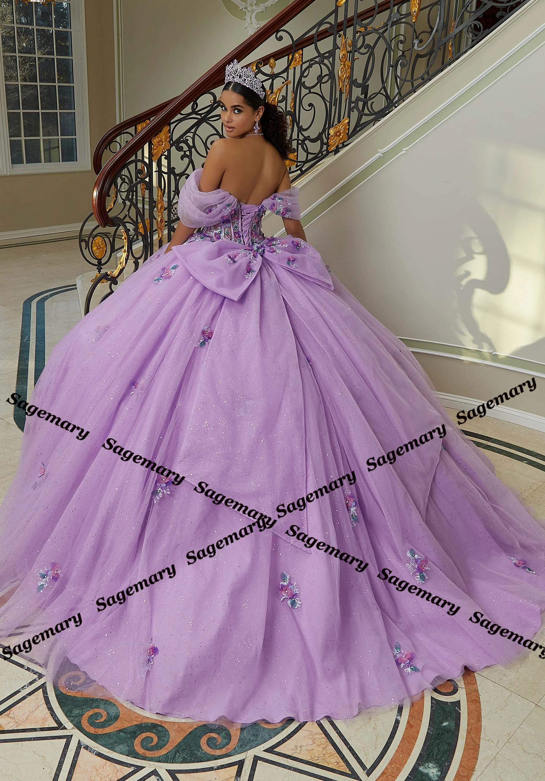Sagemary Exquisite Ball Gown Quinceanera Dresses for Girls Off the Shoulder Tulle Appliques Sweetheart Robe Princess Bleu Femme