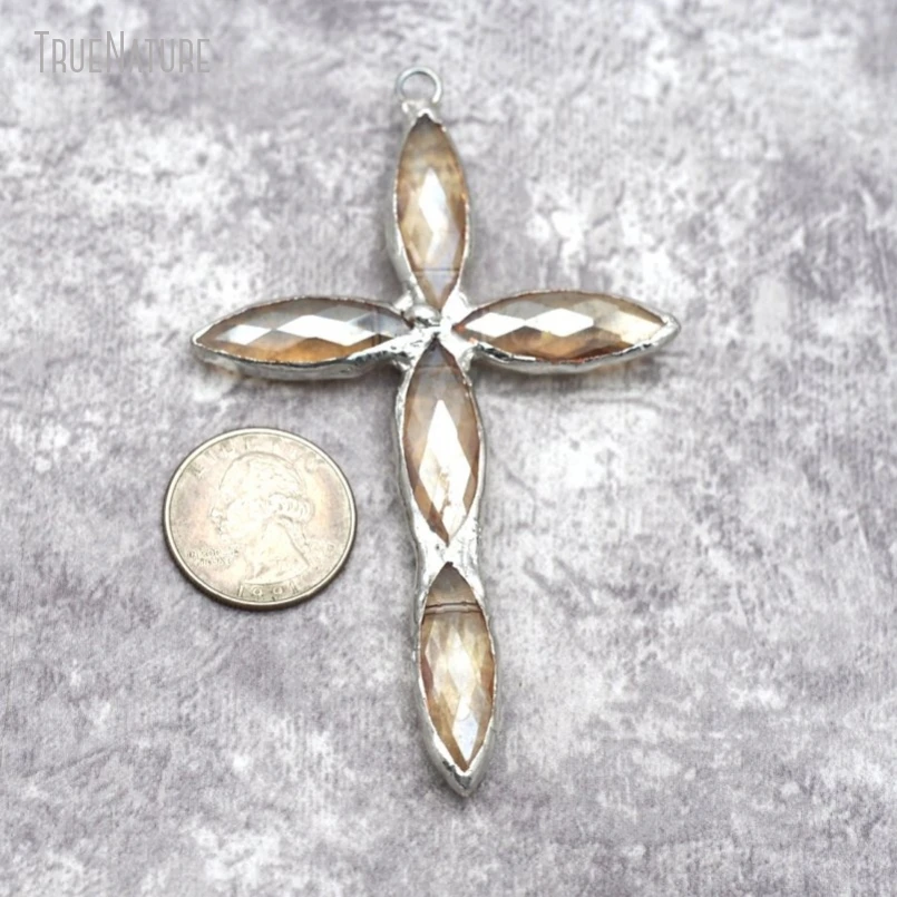 

10Pcs Wholesale Faceted Champagne Tin Glass Crystal Jesus Christian Handmade Jewelry Soldered Cross Pendant PM29333
