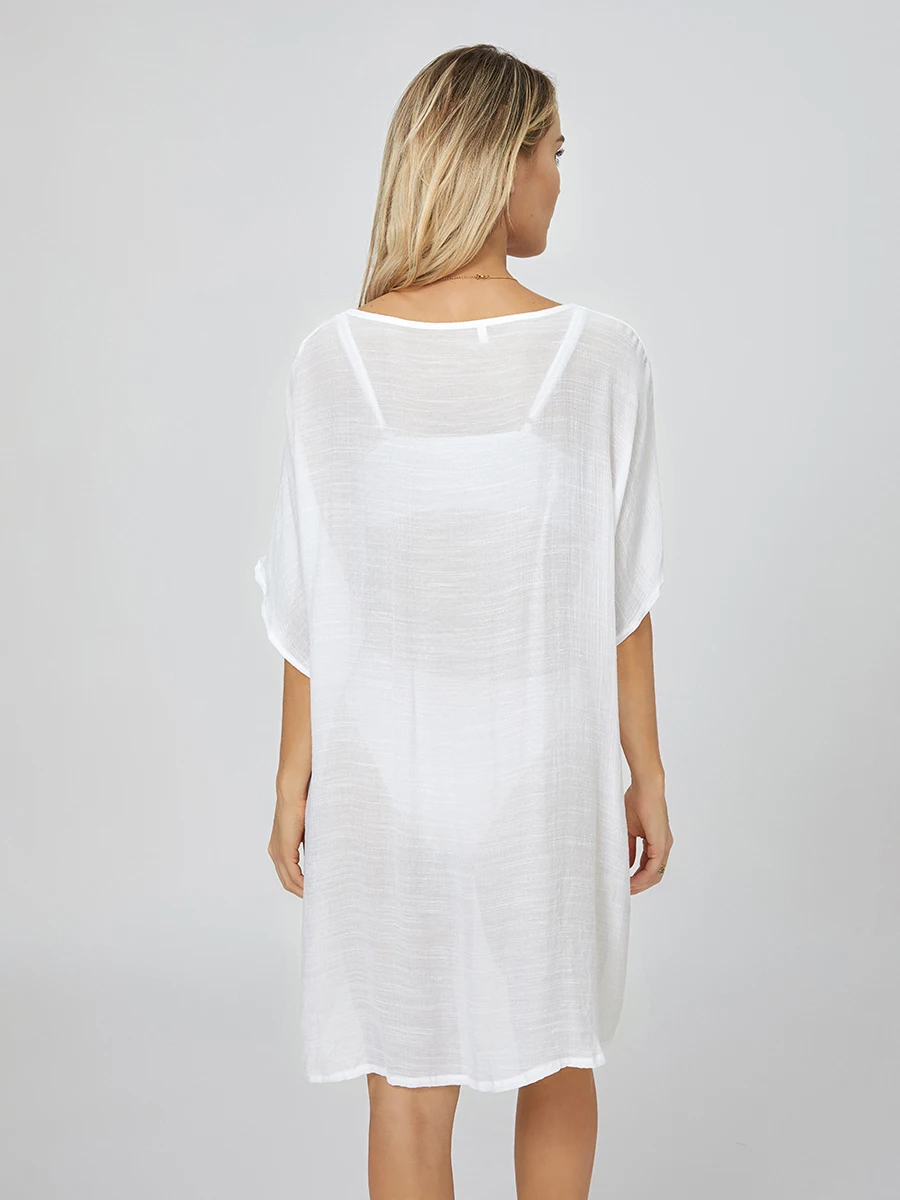 Women Sexy Bikini Cover-Ups Solid Color Crew Neck Short Sleeve Button-Down Summer Casual Shirts Mini Semi Sheer Beach Dress - Image 5