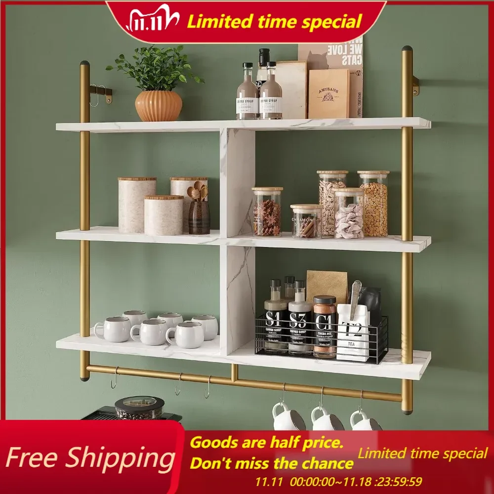 Kitchen Shelves Wall Mounted Floating Pipe Shelving 3 Tier 41.5" Coffee Bar Shelf with Holder Wall Display Storage Rack