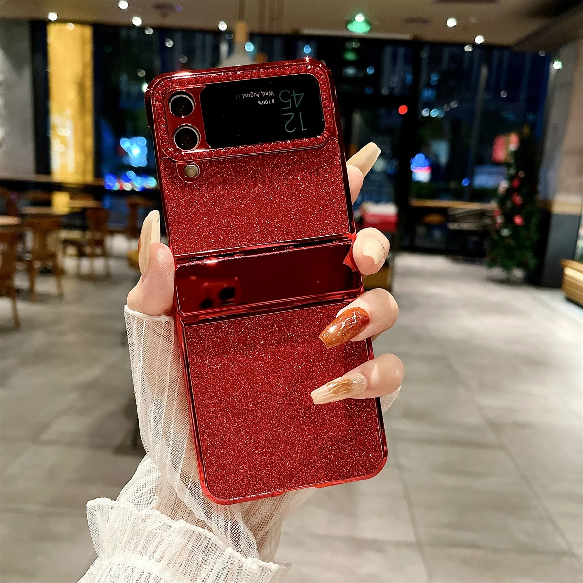 Coque de téléphone Samsung Galaxy Z Flip 5 4 3 5G, garniture en cuir Pu scintillante avec strass, charnière plaquée, couverture arrière en plastique_voghion.com